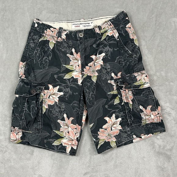 Y2K American Eagle Cargo Shorts Men's 32 Black Floral Hawaiian Streetwear - Picture 1 of 15